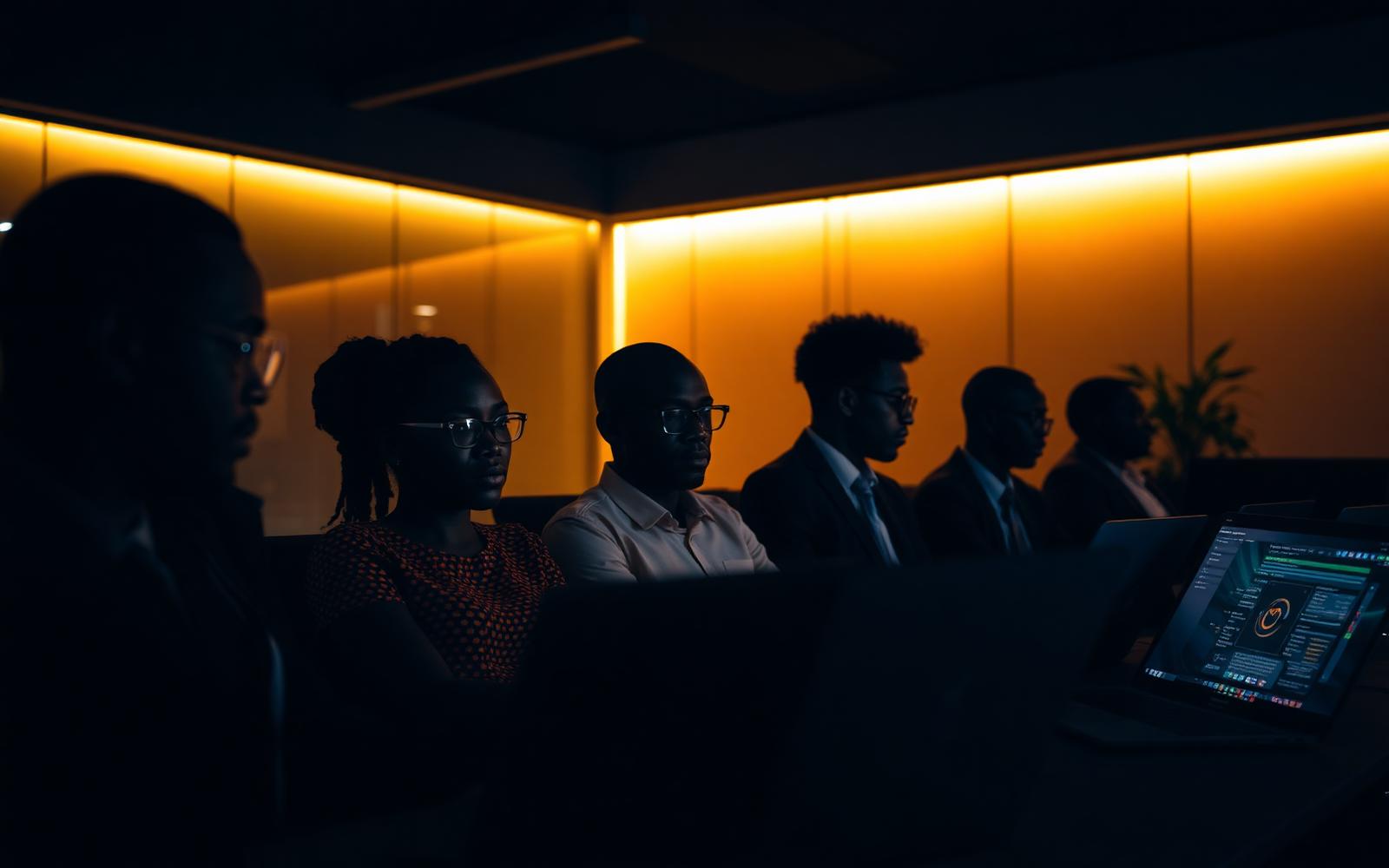 Colaboradores a assistir a uma formação online de cibersegurança em Luanda